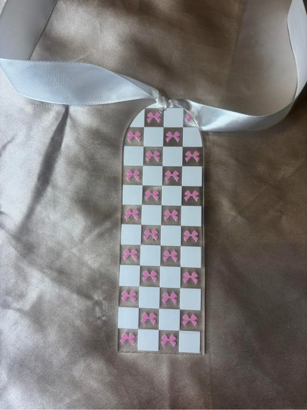 Pink Bow Checker Acrylic Bookmark with White Ribbon